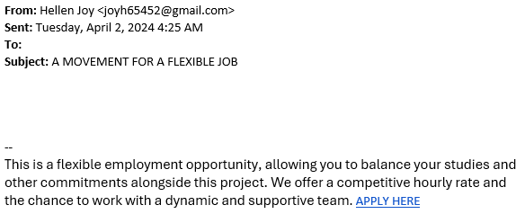 Screen shot of email that is a job scam