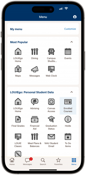 A mobile phone with the NAU go application on screen. There are icons displayed including how to find dining, using Canvas, and checking grades.