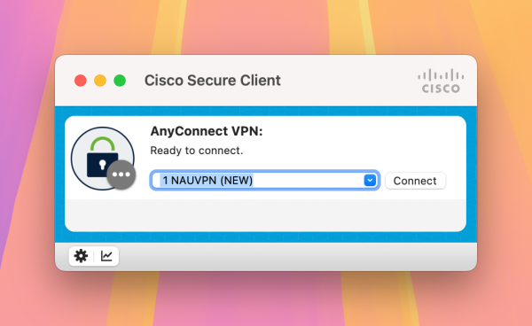 The Cisco secure client interface, ready to connect to 1NAUVPN (NEW).