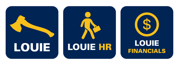 Three icons side by side that read LOUIE, LOUIE HR, and LOUIE Financials.