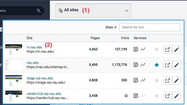 Choosing a site by (1) clicking on “All sites” and (2) choosing (for these training purposes) “in.nau.edu.”