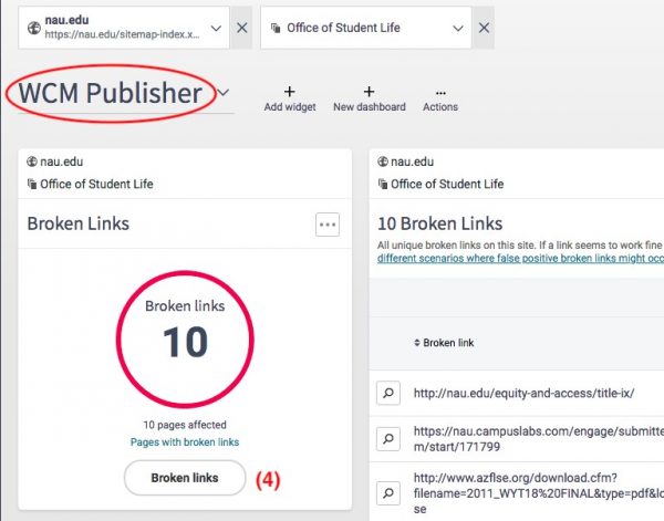 Login routine step (4) Ensure that you are on the WCM Publisher Dashboard and navigate to the widget you need. If you cannot find the correct widget to use, navigate to the section via the menu to the left of the dashboard.