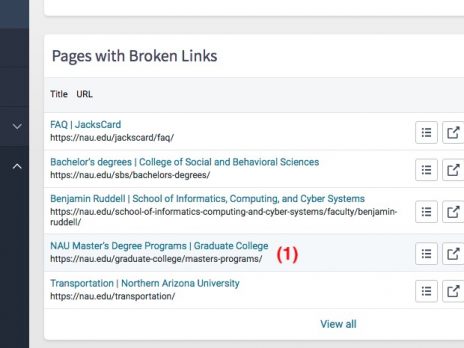 Locating an issue within the Pages with Broken Links section: step (1) clicking on the URL.