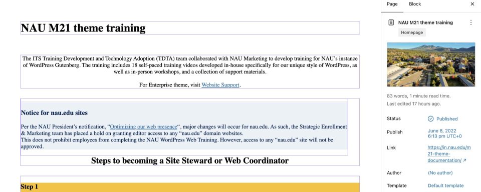 Screenshot of the Gutenberg Block Editor view of the NAU M21 theme training home page.