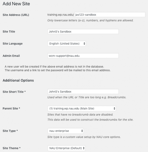 Creating a Sandbox site - picture of fields filled out