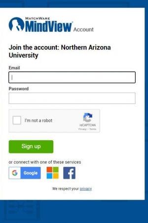 Screen shot of NAU sign up page, requesting NAU email and a password creation