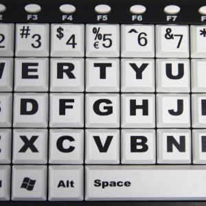 image of a large print qwerty keyboard with black letters on white keys