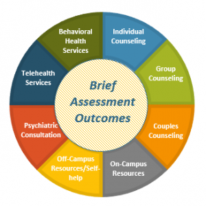 Wheel showing options of group counseling, individual counseling, couples counseling, on campus resources, psychiatric services, Telehealth services and behavioral health services.