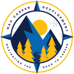 NAU Career Development icon stating "Navigating the road to career", and showing two peaks, pine trees, and a road inside a round compass.