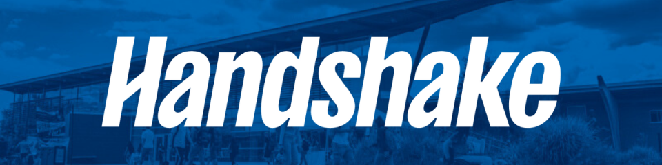 Handshake logo on blue duotone photo of the Fieldhouse