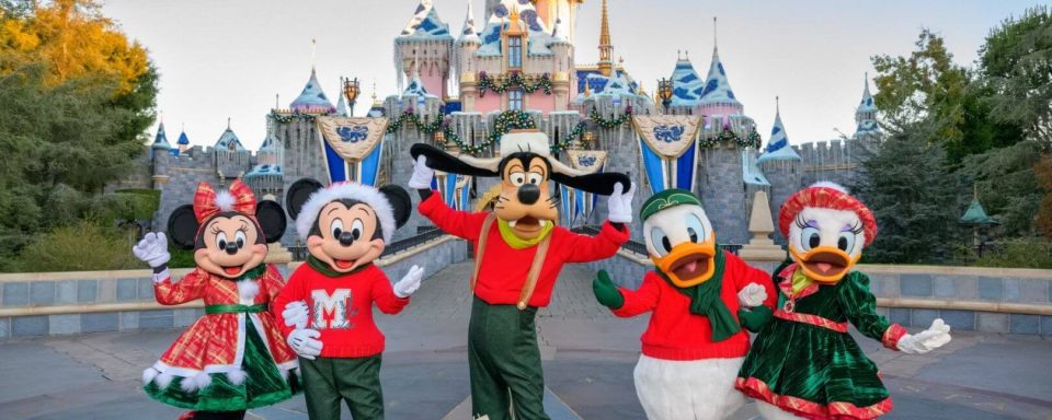 Photo of Goofy, Mickey, Mini, Donald and Daphni posing in front of the Walt Disney Land Castle.