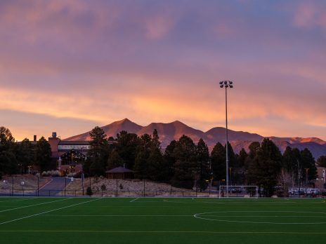 An image of the NAU South Fields with the San Francisco Peaks in the background