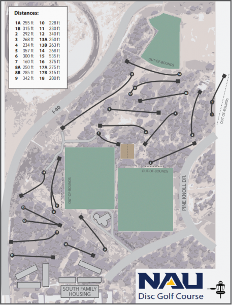 Map of disc golf course showing the starting point for each hole, the basket, the trajectory between the two, and the location of each throughout the woods around South Fields on campus. The course is 18-holes