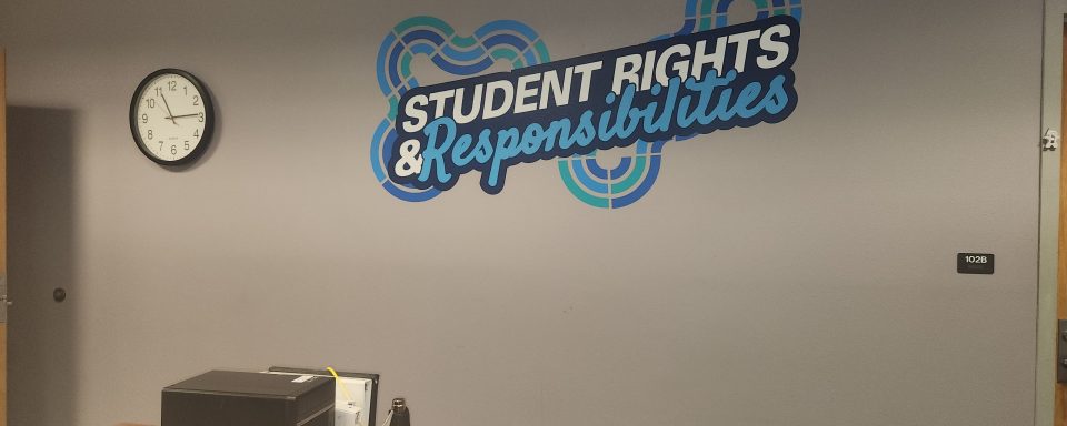 Image of an adhesive vinyl die cut decal that includes a designed background and the words Student Rights and Responsibilities.