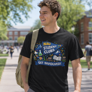 Student walking in a custom shirt
