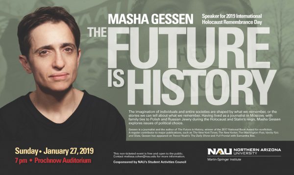 Head Shot of Masha Gessen on Archival flyer for 2019 International Holocaust Remembrance Day. Full text replicated in long description