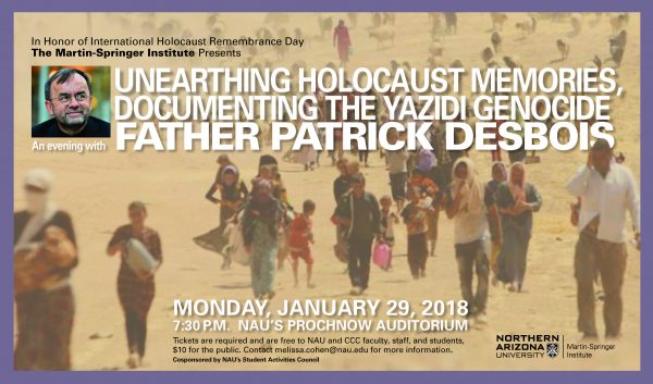 Archival flyer for International Holocaust Remembrance Day Program 2018, showing migrants walking in desert and head shot of Father Patrick Desbois, featured speaker. Full text in long description.