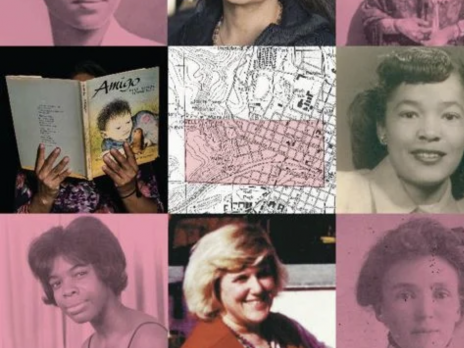 Images of women's faces and a historic map of Flagstaff from Resilience: Women in Flagstaff's Past and Present