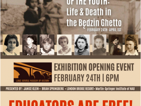 flier for the exhibit from Lake Havasu, shows one of the panels with black and white and sepia pictures of young children during holocaust