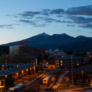 Aerial view of the NAU campus at sunset.