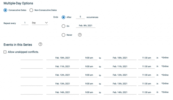 Multiple day options section