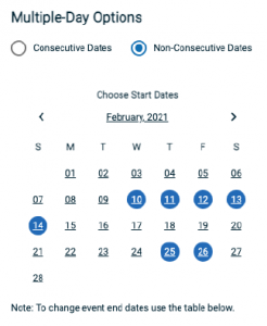 non-consecutive dates for multiple day options