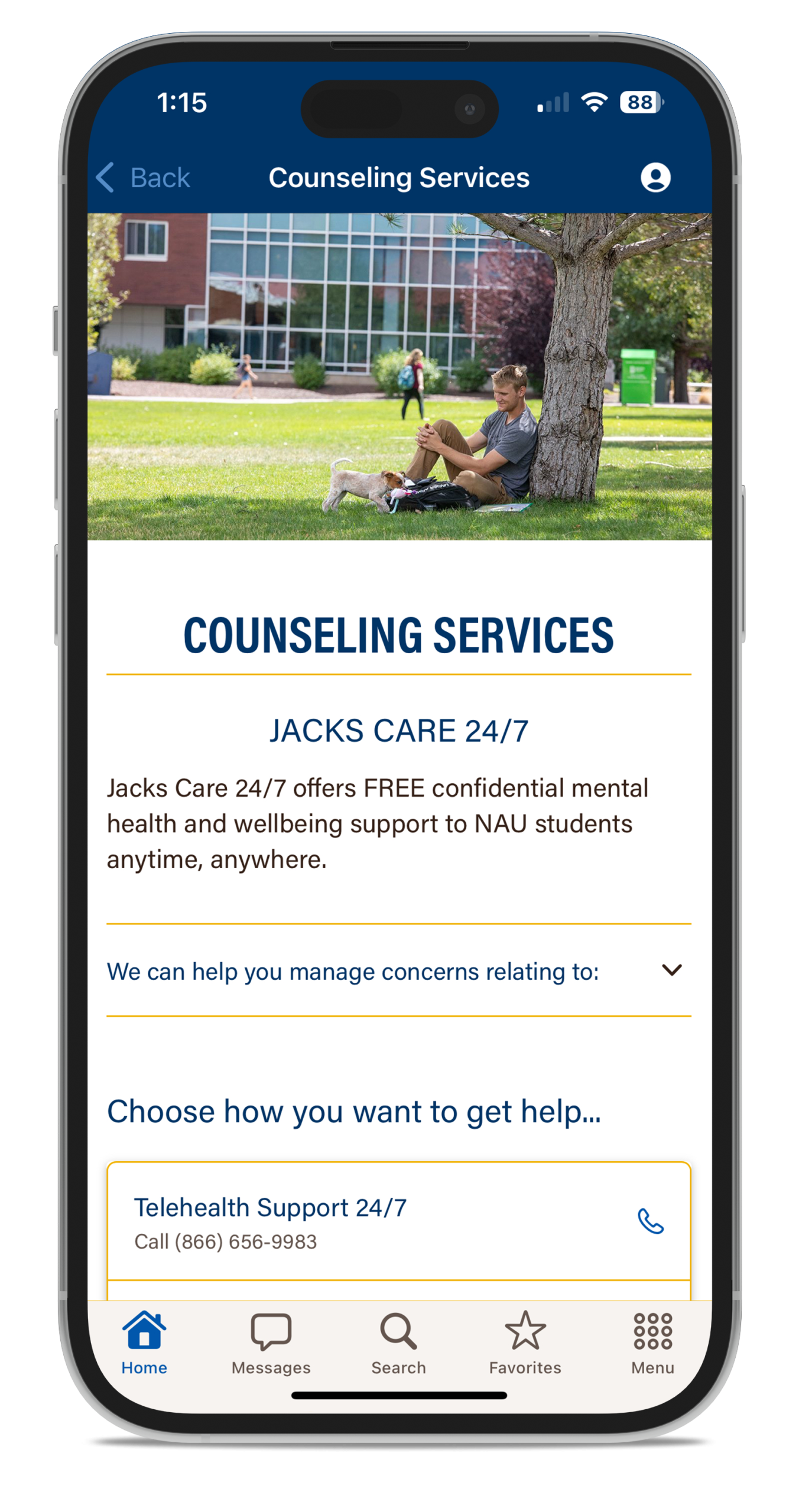 NAUgo Counseling Services screen