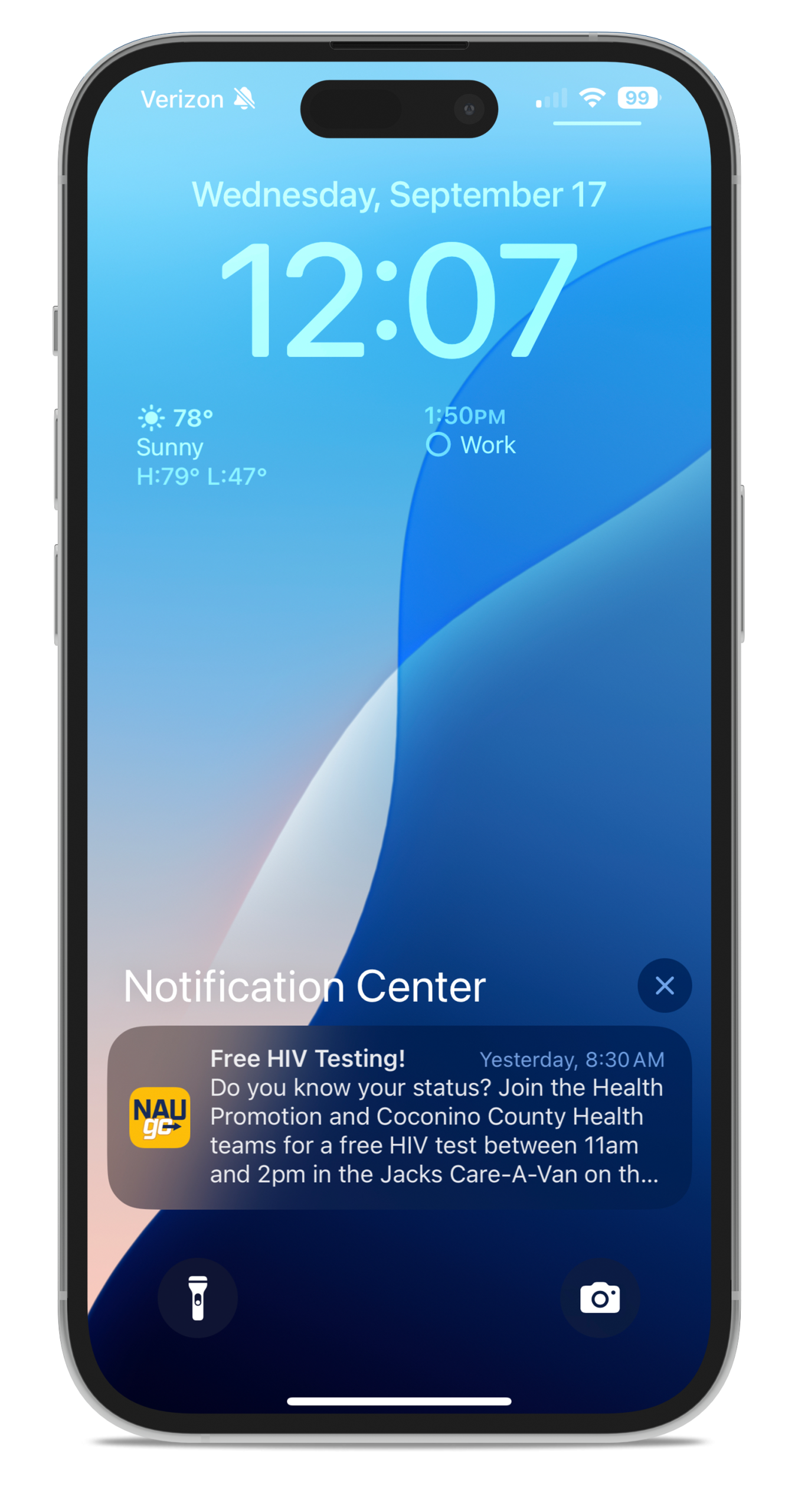 Example of a push notification on the phone home screen
