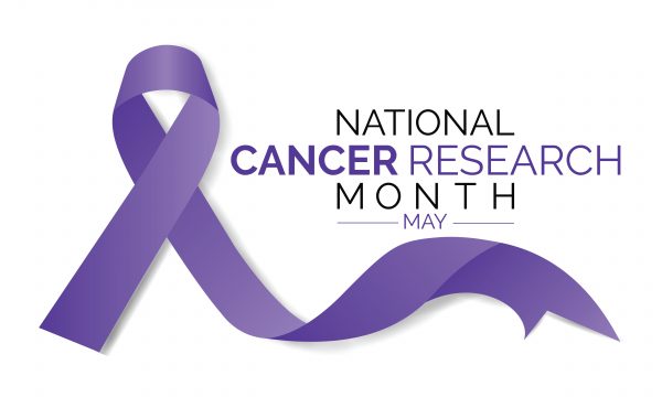 National Cancer Research Month text with big purple ribbon