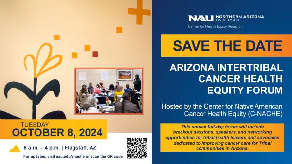 blue and gold save the date flyer for the arizona intertribal cancer health equity forum being held October 8, 2024 from 8-4pm in Flagstaff, AZ