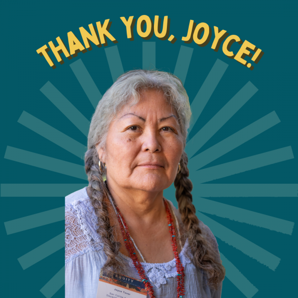 headshot photo of joyce tovar with graphic in the background and "thank you, joyce!" above her head in yellow