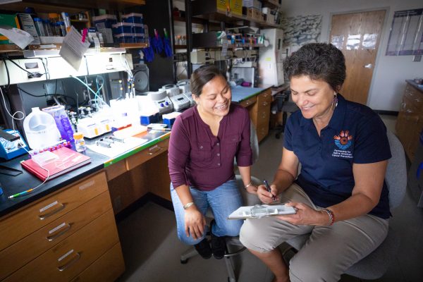 Jani Ingram and a student looking at data in the lab