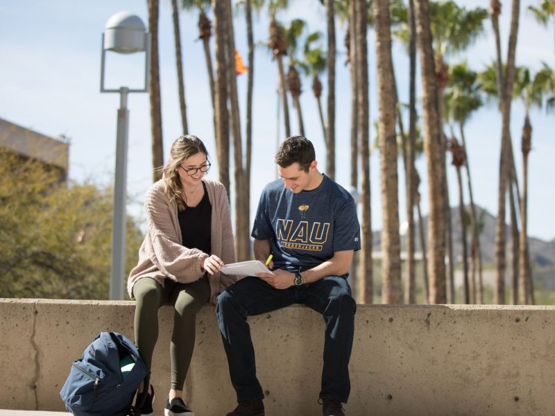 Student and mentor sitting outside studying a book together.