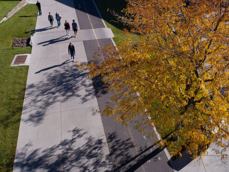 Overhead view of students walking on pedway.