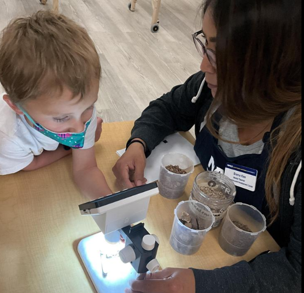 Teacher and child looking through a digital microscope of rock and sand samples.