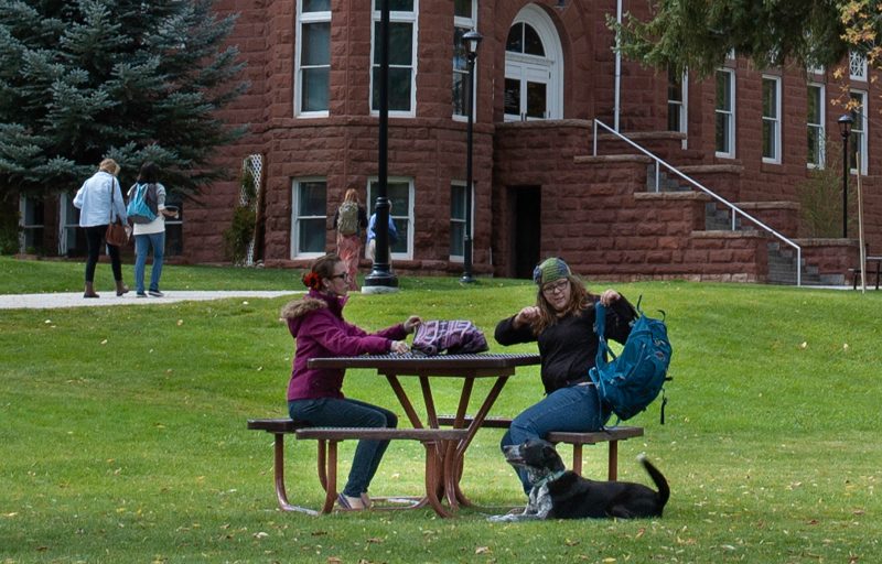 Students having lunch on a grassy field.