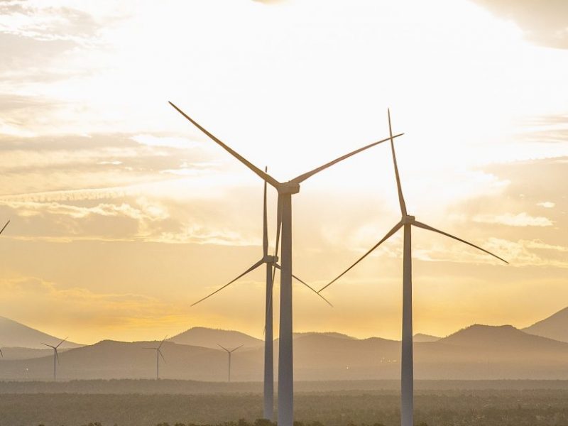 Landscape photo of Wind Farm and mountain range.