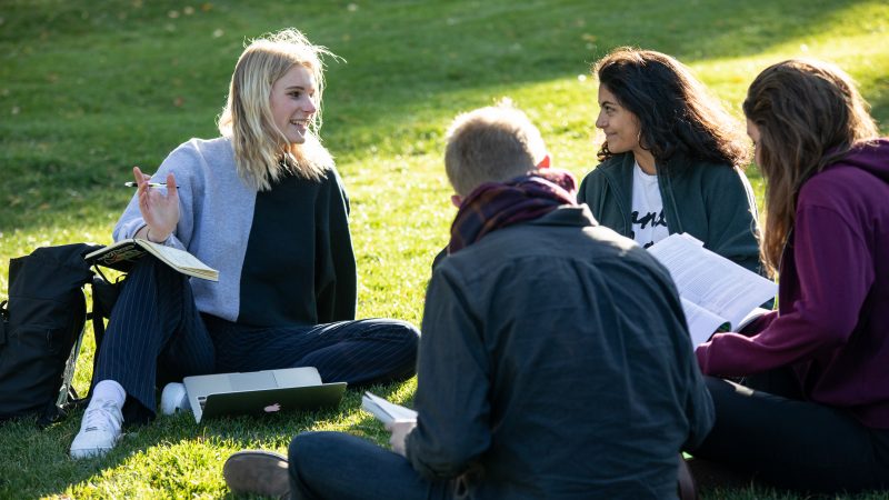 Four N A U students sitting outside on the grass.