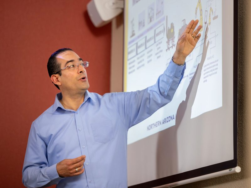 Professor explaining a diagram on the projector.