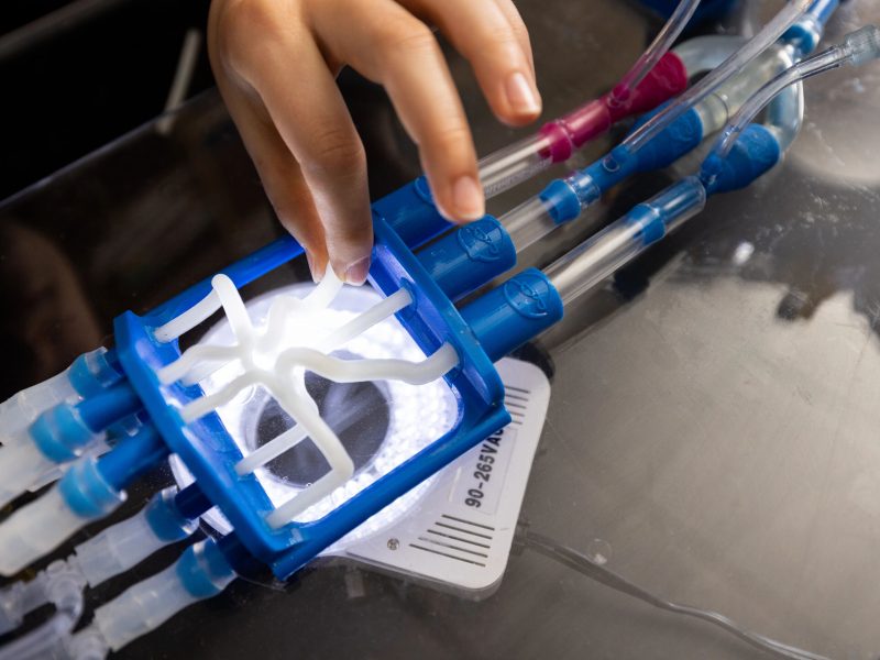 Closeup of hands working on a device on a table.