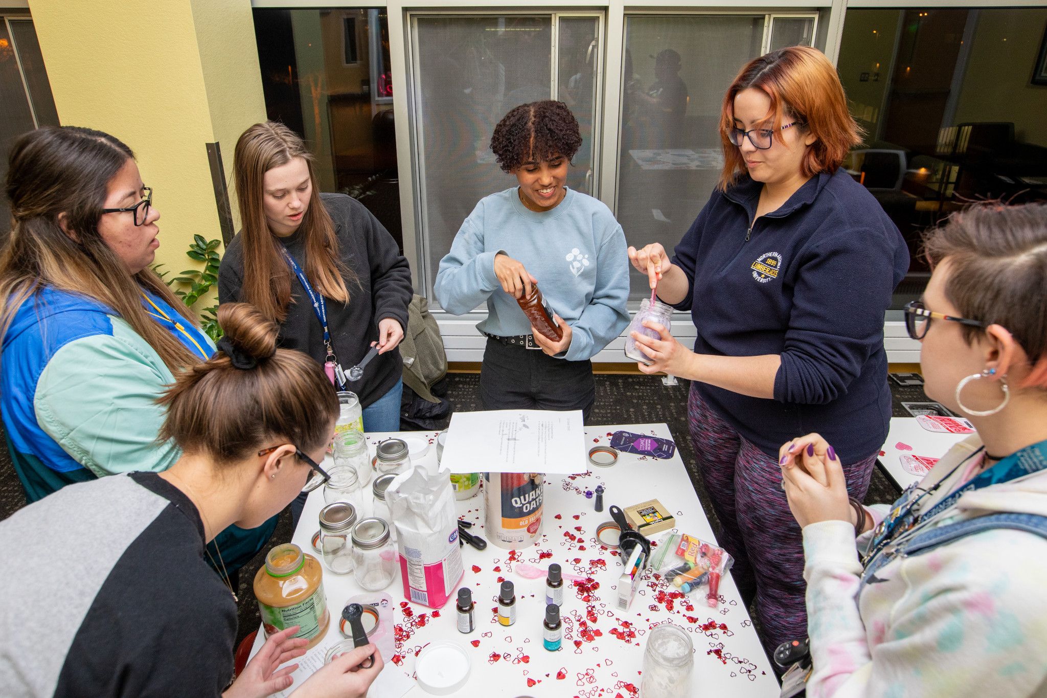 Residential life students working on a activity together.