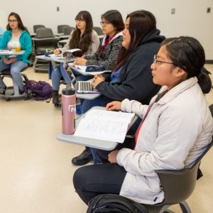 Students sitting in a classroom.