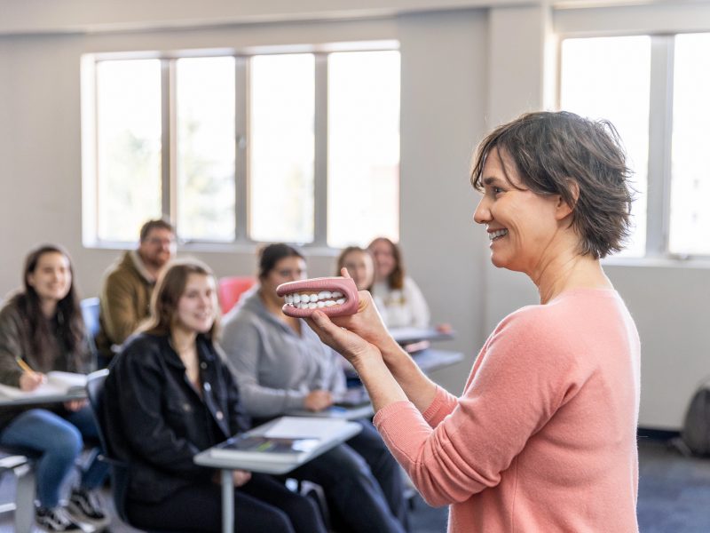 Instructor talking to a class of students.