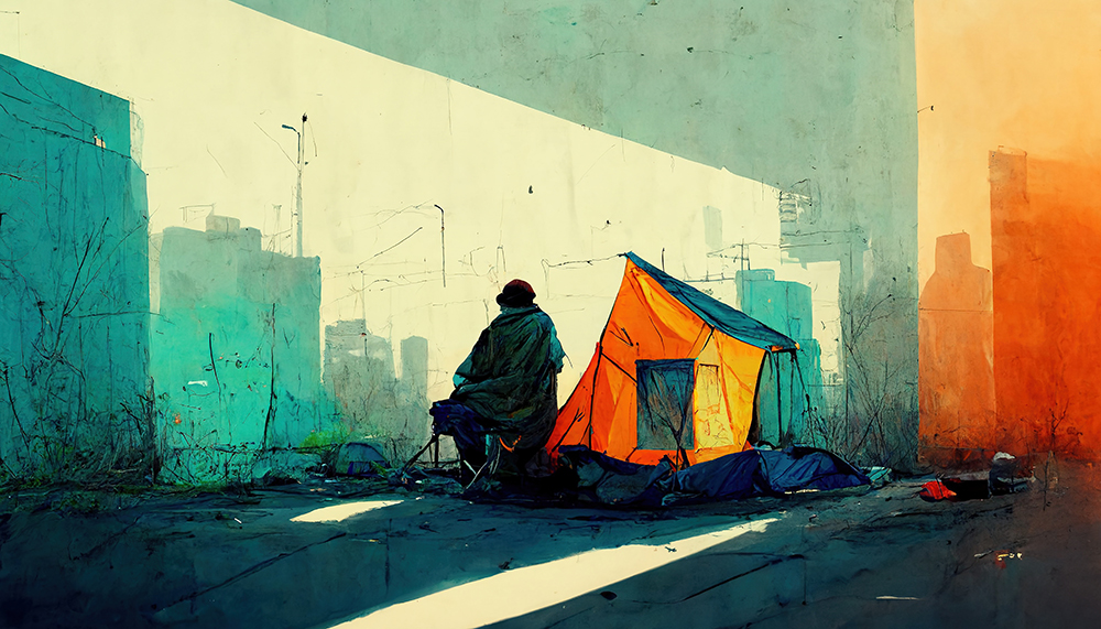 Illustration of a silhouette next to a tent on the street.