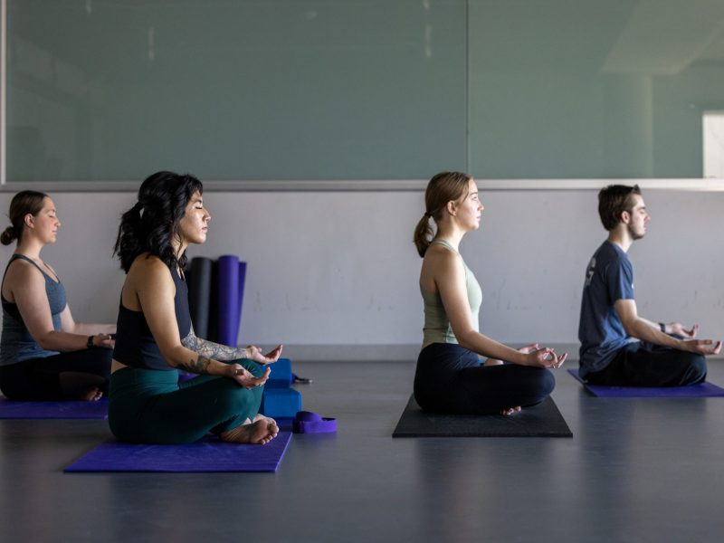 Students sit in a yoga pose.