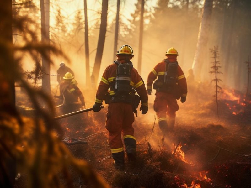 Firefighters walking in smoky forest.