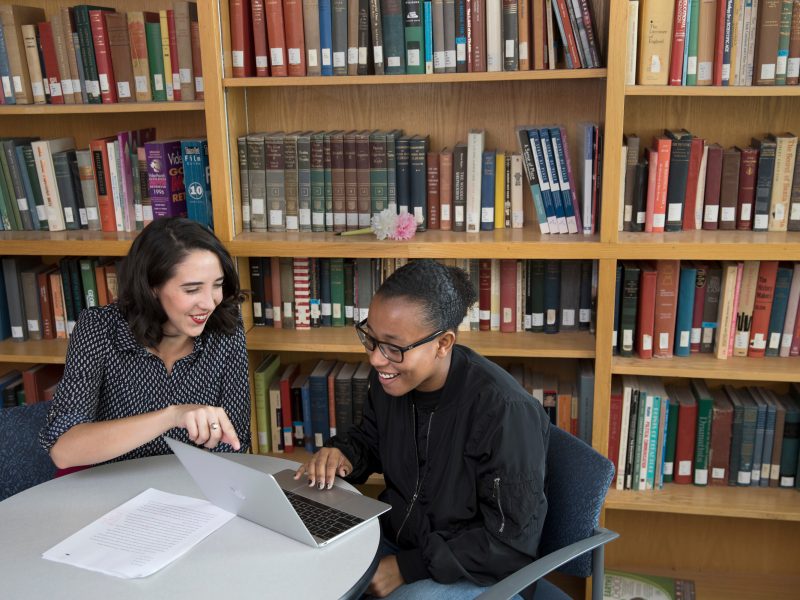 Two people working on a computer together in the library.