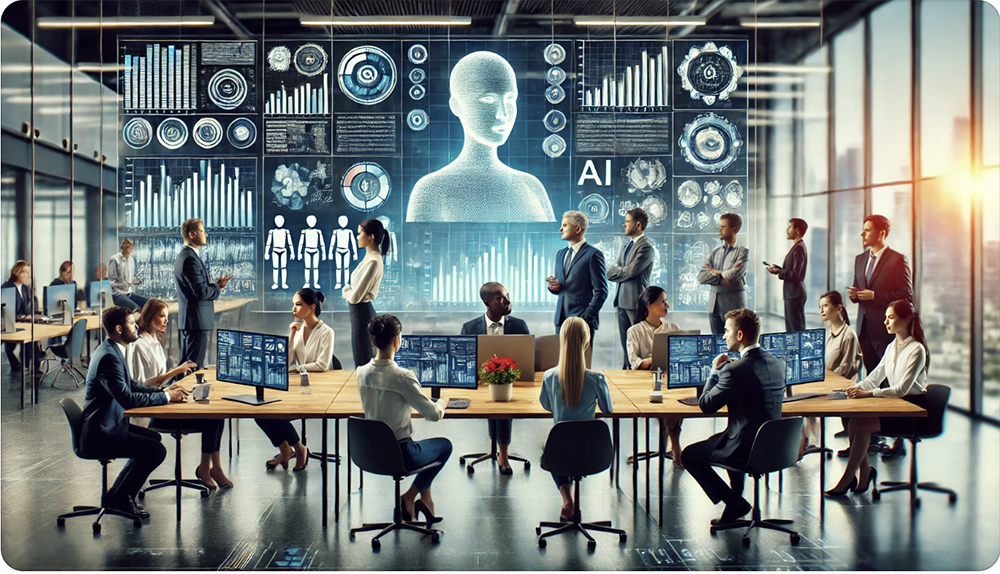 An AI-generated image of workers in an office.