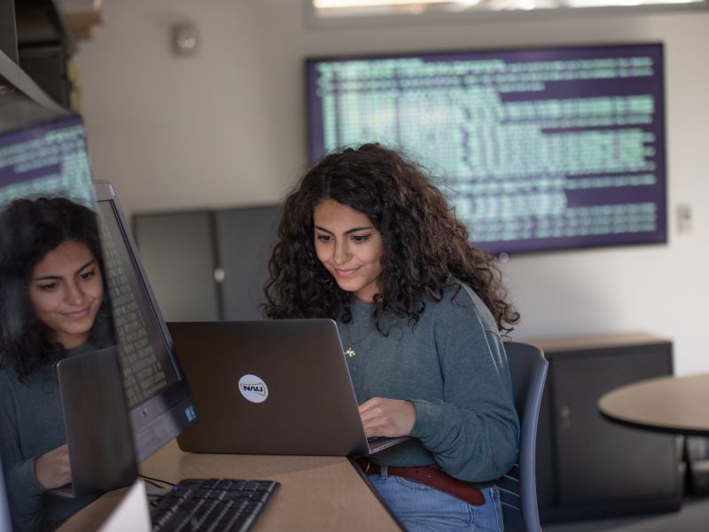 An N A U student working on cyber security.