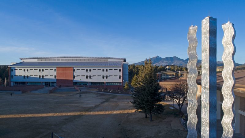 An aerial shot of the business building.